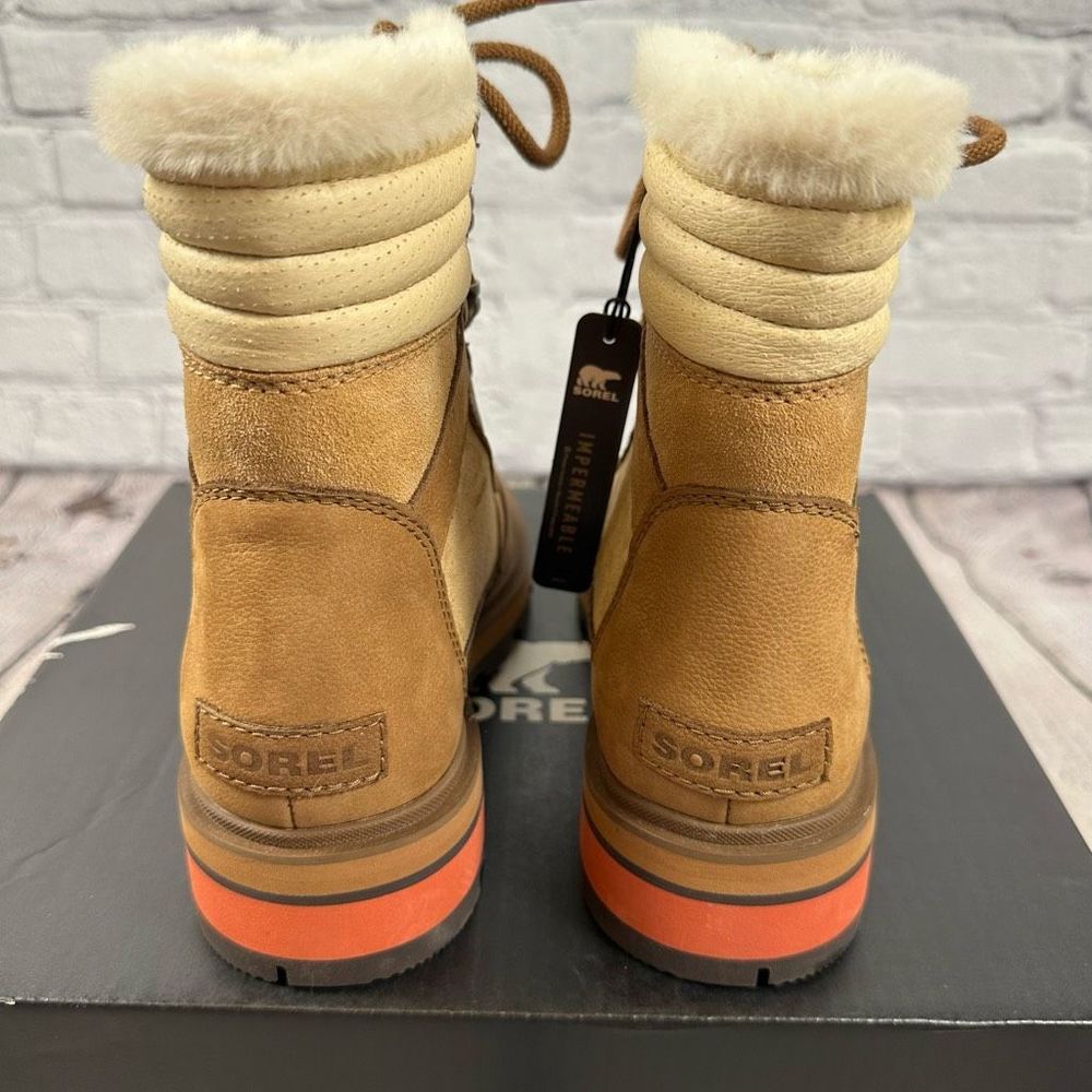 Sorel Women’s Lennox Lace Up Cozy Stacked Boot Waterproof Faux Fur Tan & Red NEW - Picture 6 of 8